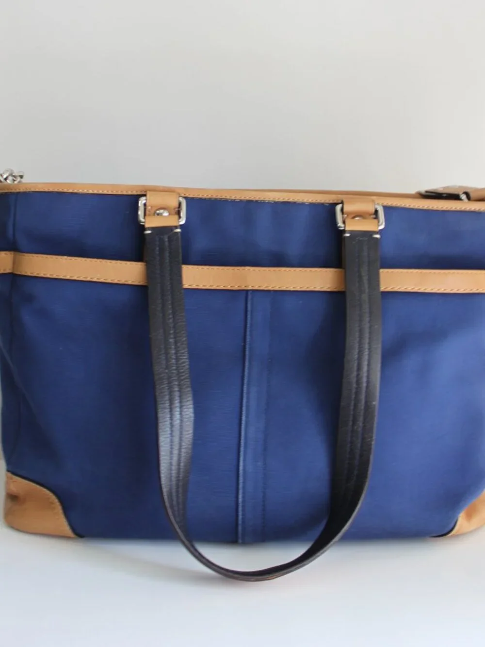 Coach Navy Blue Canvas Diaper Bag - Tan Leather Trim - Changing Pad Included 🍼⚓